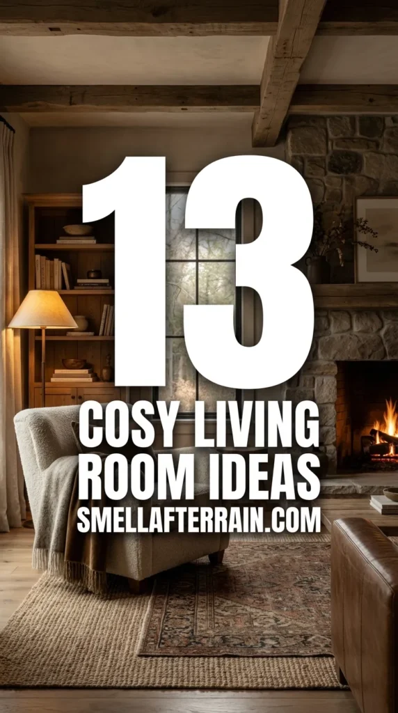 Cosy Living Room Ideas: A warm, sophisticated living space featuring rich textures, soft ambient lighting, and layered fabrics. The room showcases an 'Old Money' aesthetic with neutral tones, velvet cushions, and high-end acoustic details creating a comfortable, luxurious mood.