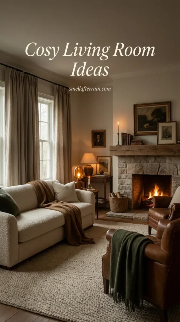 Cosy Living Room Ideas: A warm and luxurious living space featuring rich textures, soft ambient lighting, and elegant Old Money design elements.