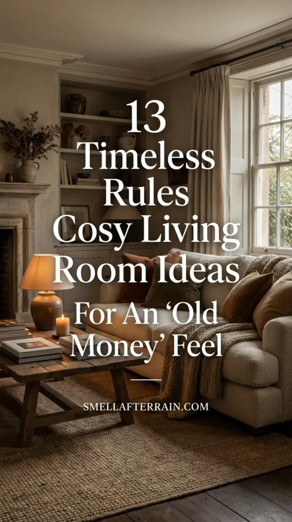 Cosy Living Room Ideas: A warm and inviting living space featuring plush velvet sofas, layered wool rugs, soft ambient lighting, and rich wood accents that embody a sophisticated Old Money aesthetic.