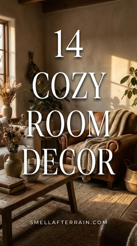 Cozy Room Decor: A warm and inviting space featuring layers of soft textured blankets, vintage thrifted furniture, ambient lighting, and neutral earth tones creating a relaxing atmosphere.
