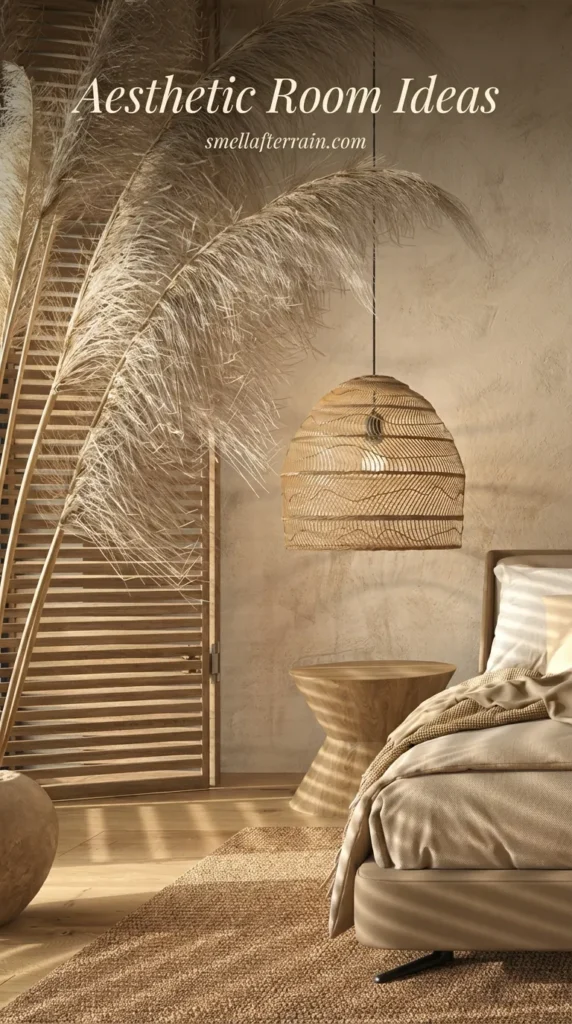 Aesthetic Room Ideas: A serene beige bedroom featuring tall pampas grass, a woven rattan pendant light, and a sculptural wooden side table next to neutral bedding and a louvered wooden screen.