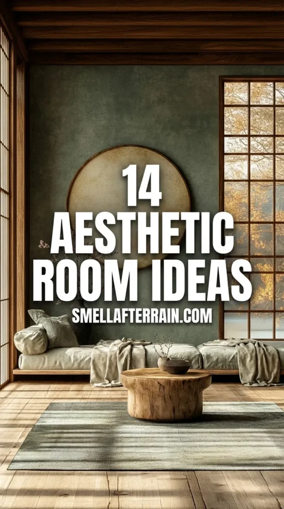 Aesthetic Room Ideas: A serene Japandi-style living space featuring sage green textured walls, a large round wall hanging, and low beige floor cushions. A rustic wooden stump coffee table sits on a striped rug, next to a vase of cherry blossoms, with floor-to-ceiling windows framing golden autumn foliage.