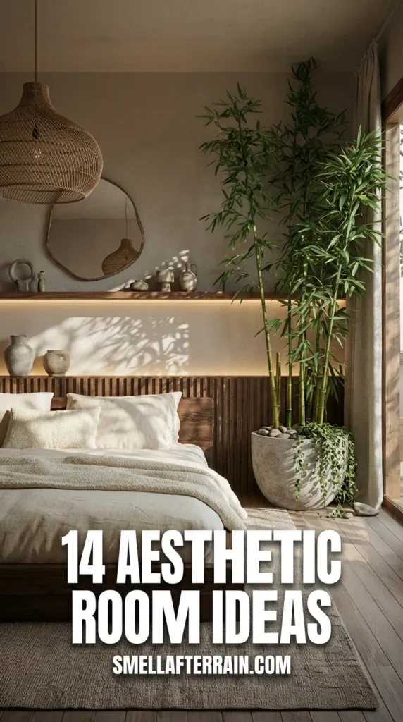 Aesthetic Room Ideas: A serene Japandi-style bedroom featuring a low wooden bed, neutral beige linens, a large indoor bamboo plant, and ambient lighting behind a fluted wood headboard.