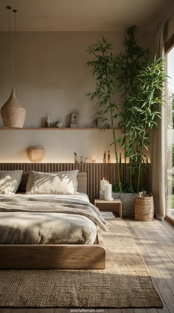 Aesthetic Room Ideas: A serene bedroom featuring a low-profile wooden bed with textured beige bedding, a tall potted bamboo plant, a woven pendant light, and warm mood lighting behind a slatted wood headboard ledge.