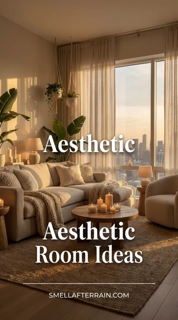 Aesthetic Room Ideas: A cozy living room filled with hanging plants and fairy lights. A beige sectional sofa sits on a textured rug near a wooden coffee table glowing with candles. Golden sunset light filters through sheer curtains, creating a warm, boho sanctuary vibe.
