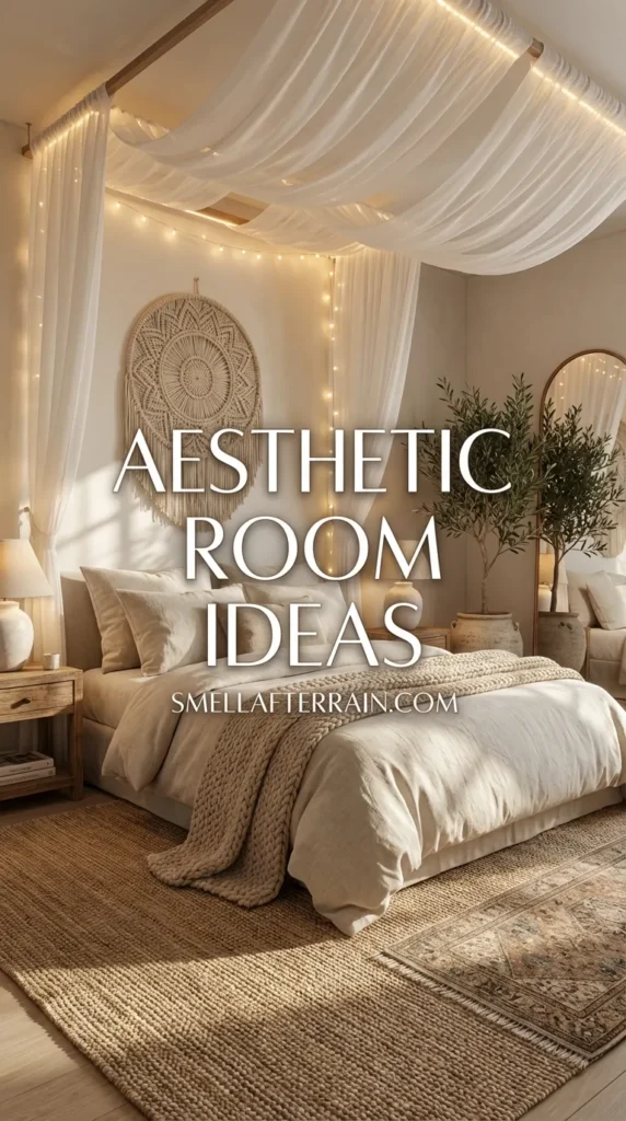 Aesthetic Room Ideas: A cozy bohemian bedroom featuring a canopy bed with sheer white drapes and warm fairy lights. The space includes a woven macrame wall hanging, a large arched floor mirror reflecting string lights, lush green indoor plants, and a textured beige ottoman on layered rugs for a serene sanctuary vibe.