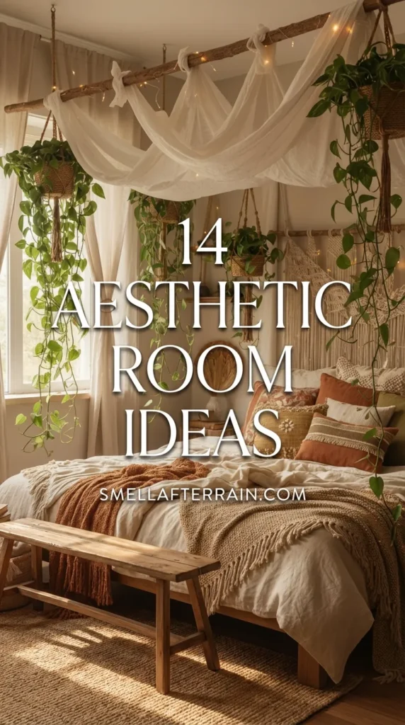 Aesthetic Room Ideas: A cozy bohemian bedroom featuring a wooden canopy bed with white draped fabric, fairy lights, and trailing pothos plants. The bed is layered with terracotta and cream textured pillows and chunky knit blankets, complemented by a macrame wall hanging and a round jute rug.