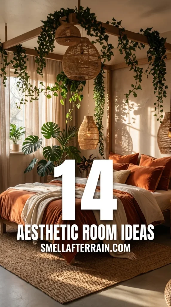 Aesthetic Room Ideas: A cozy bohemian bedroom featuring a wooden canopy bed draped in hanging ivy vines, warm rust-orange bedding, woven wicker pendant lights, a macrame wall hanging, and soft ambient lighting for a peaceful sanctuary vibe.