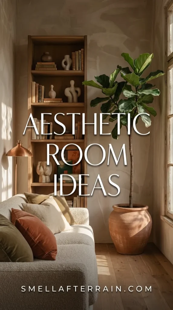 Aesthetic Room Ideas: A sun-drenched reading corner featuring a low beige sofa with terracotta cushions, a tall wooden bookshelf filled with books, and a large indoor tree casting dramatic shadows on textured beige walls.