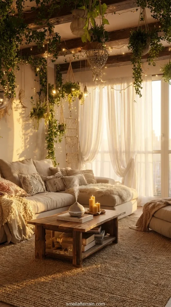 Aesthetic Room Ideas: A warm and cozy living room filled with hanging green plants, string lights, a plush beige sectional sofa, and a rustic coffee table with candles illuminated by golden sunset light coming through large windows.
