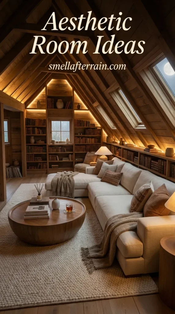 Aesthetic Room Ideas: A cozy A-frame attic room featuring warm wood paneling, skylights, hanging string lights, built-in bookshelves, a large beige sectional sofa, and a plush white area rug.