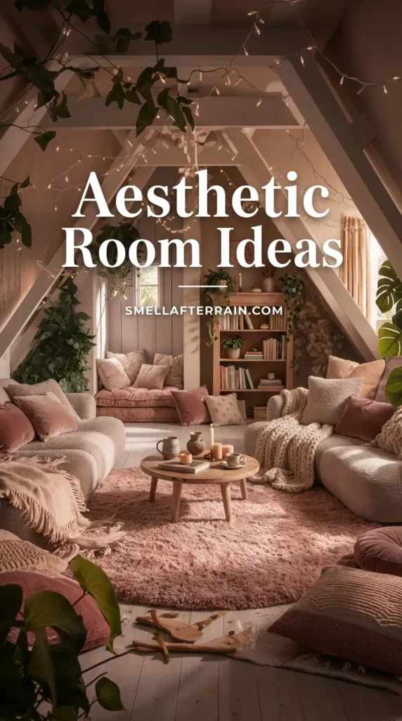 Aesthetic Room Ideas: A cozy pink-hued attic sanctuary featuring plush floor cushions, fairy lights strung from wooden beams, trailing house plants, a large rug, and a wooden bookshelf filled with books.