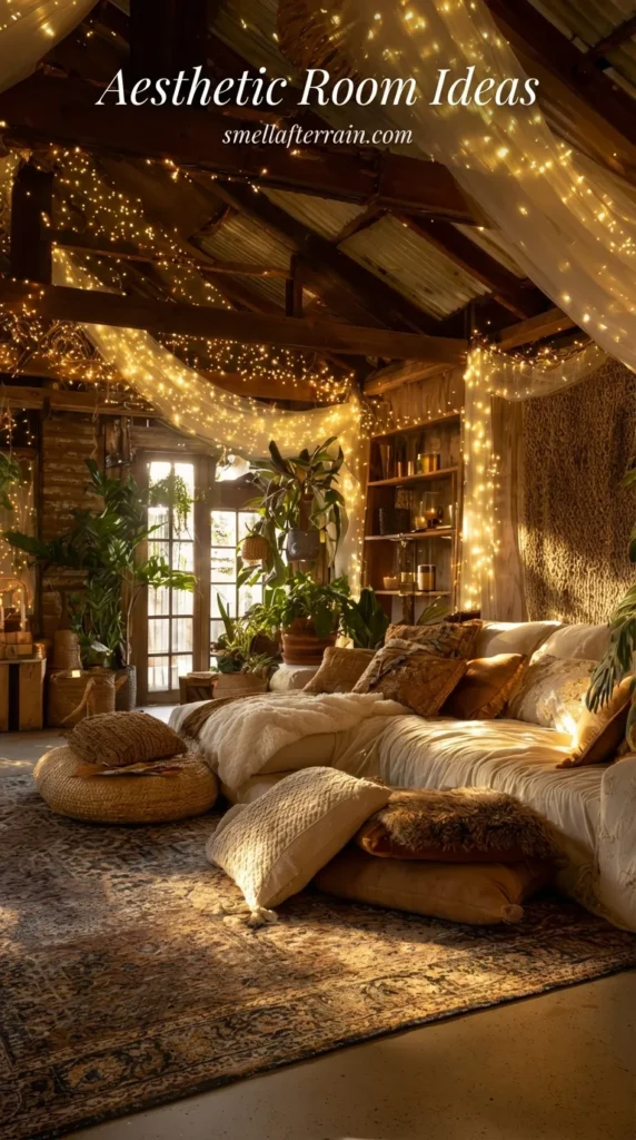 Aesthetic Room Ideas: A cozy attic sanctuary featuring a canopy of warm fairy lights and sheer fabric draped over rustic wooden beams, illuminating a plush floor sofa with earth-toned cushions, a patterned rug, and lush indoor plants.