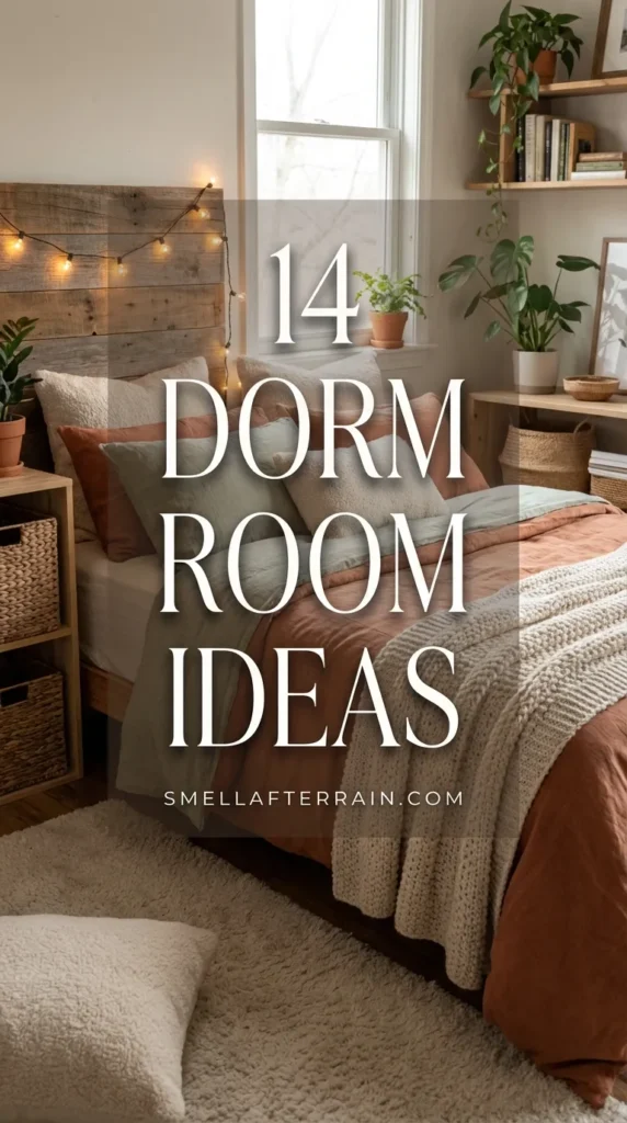 Dorm Room Ideas: A cozy and aesthetic college bedroom featuring soft fairy lights, plush bedding with layered textures, and smart storage hacks in a small space.