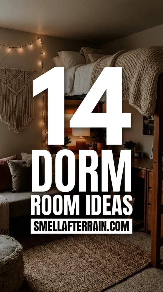 Dorm Room Ideas: A cozy aesthetic college bedroom featuring soft neutral bedding, warm fairy lights, layered knit textures, and smart storage hacks for small spaces.