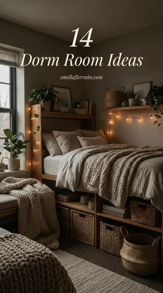 Dorm Room Ideas: A cozy college bedroom featuring layered textured bedding, warm fairy lights draped on the wall, and a plush rug in a neutral color palette.