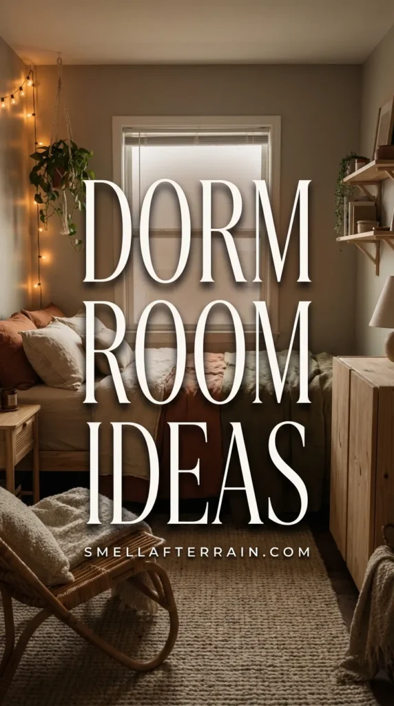 Dorm Room Ideas: A cozy college bedroom featuring soft fairy lights, textured bedding in neutral tones, and smart storage hacks for small spaces. The aesthetic is warm, inviting, and perfect for studying or relaxing.