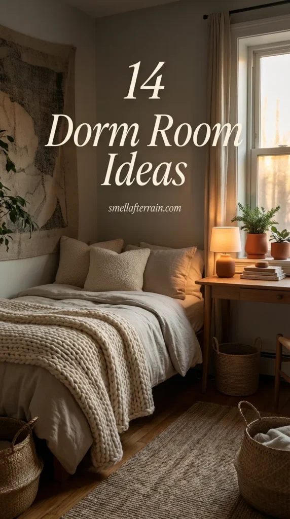 Dorm Room Ideas: A cozy aesthetic college bedroom featuring soft fairy lights, plush bedding textures, and smart storage solutions in a neutral color palette.