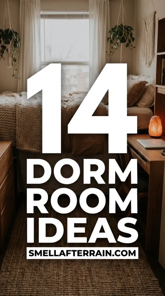 Dorm Room Ideas: A cozy and aesthetic college bedroom featuring soft neutral bedding, warm ambient string lights, and clever storage solutions maximizing a small layout.