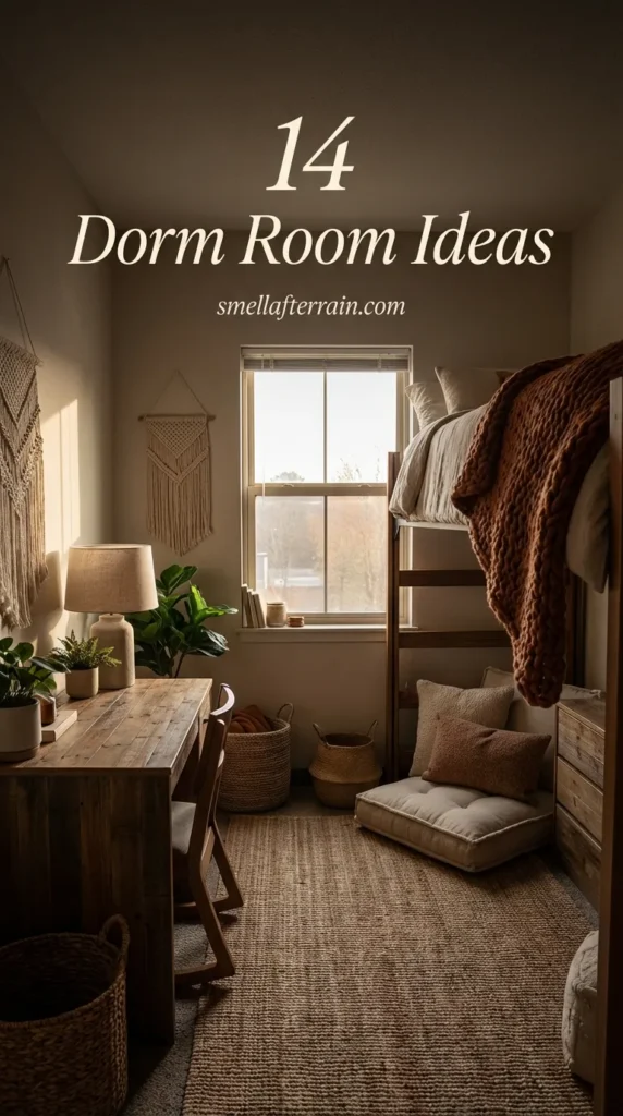 Dorm Room Ideas: A cozy college bedroom featuring soft ambient lighting, textured bedding layers in neutral tones, and space-saving organization hacks on the desk.