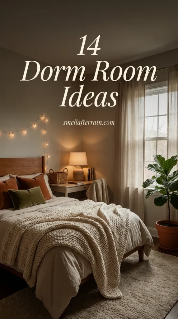 Dorm Room Ideas: A cozy college bedroom featuring soft textures, warm fairy lights, layered bedding in neutral tones, and smart storage solutions for small spaces.