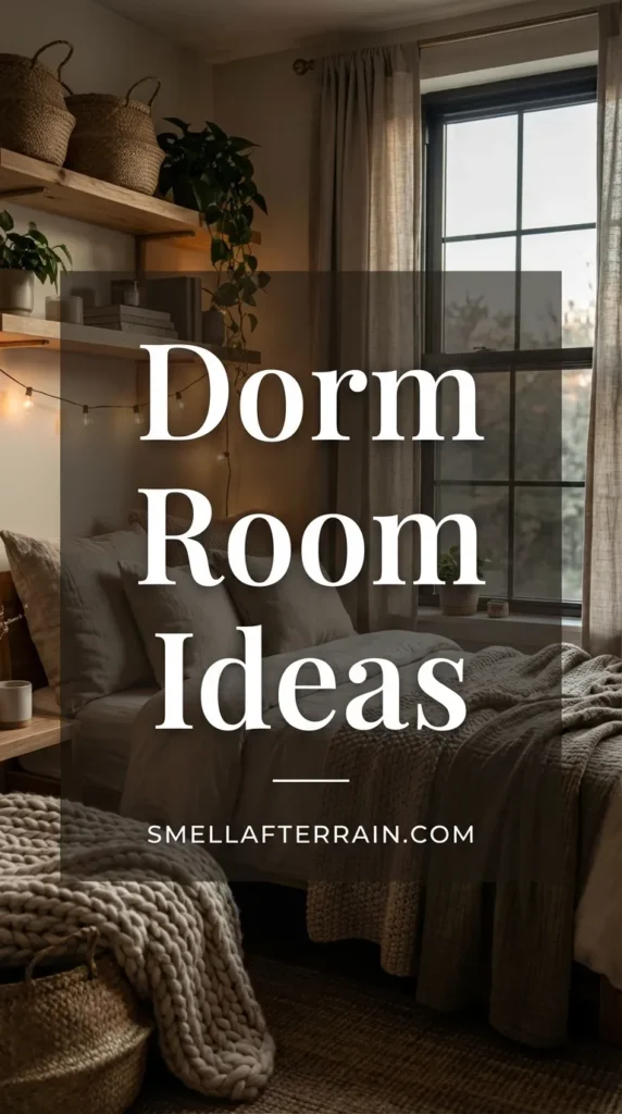 Dorm Room Ideas: A cozy college bedroom featuring ambient fairy lights, layered plush textures on the bed, and smart organization hacks in a neutral color palette.