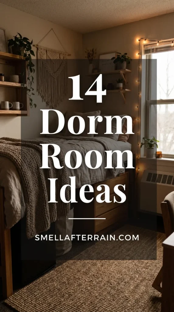 Dorm Room Ideas: A cozy college bedroom featuring layered textured blankets, warm string lights, and smart storage solutions for small spaces. The aesthetic is warm, inviting, and perfect for studying or hosting.