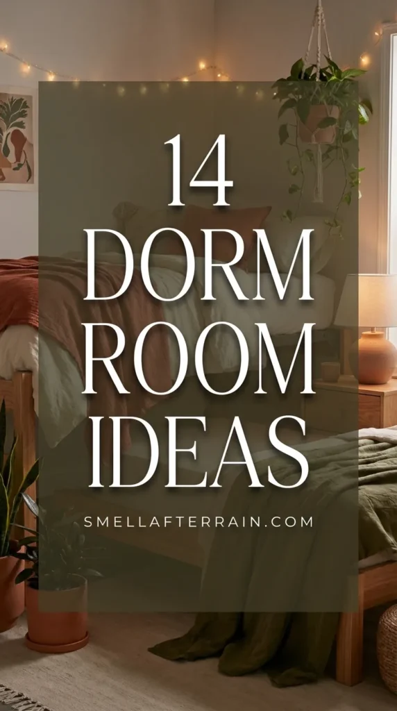 Dorm Room Ideas: A cozy college bedroom featuring soft layered bedding, warm fairy lights, and aesthetic texture styling in neutral tones perfect for a small space layout.