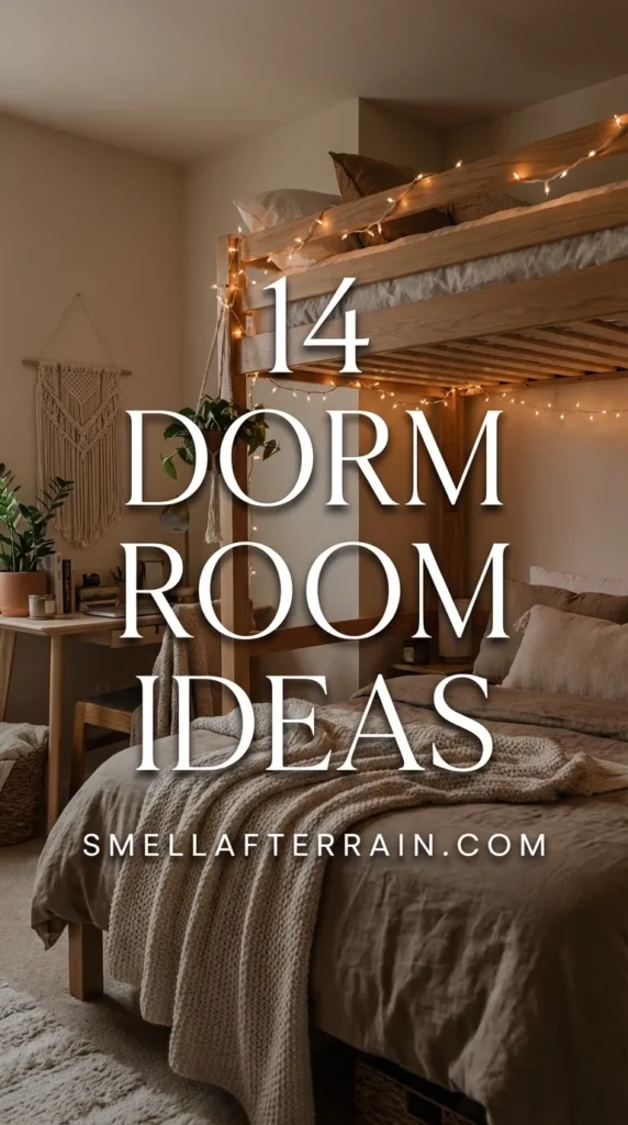 Dorm Room Ideas: A cozy college bedroom featuring warm fairy lights, layered neutral bedding with chunky knit blankets, and aesthetic wall decor suitable for small spaces.