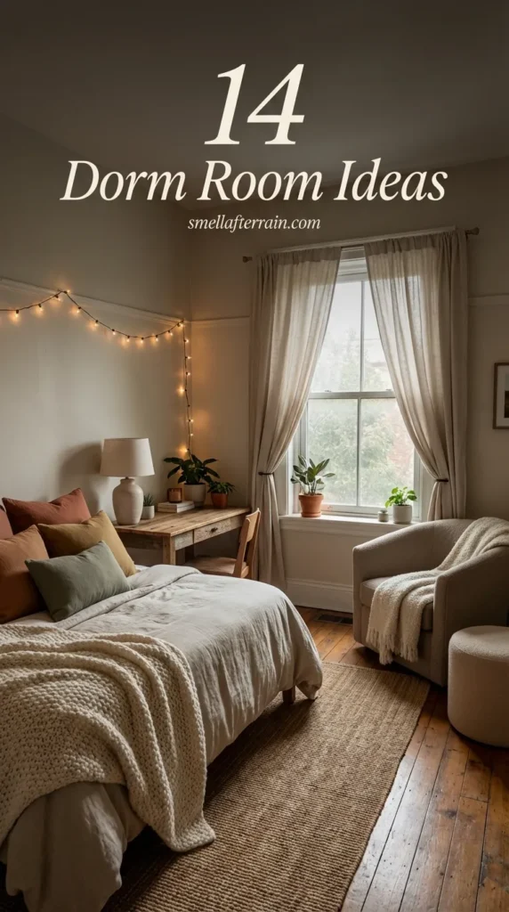Dorm Room Ideas: A cozy aesthetic college bedroom featuring warm fairy lights, neutral textured bedding, plush throw pillows, and clever organization hacks for a tiny space.