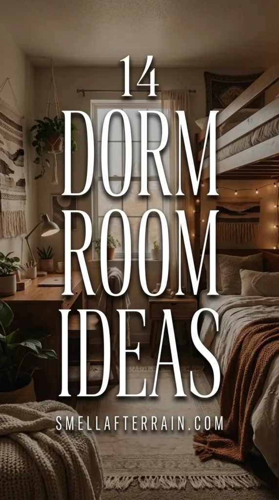 Dorm Room Ideas: A cozy college bedroom featuring layered knit blankets, fairy lights strung across the wall, neutral bedding, and smart storage hacks for a small space aesthetic.