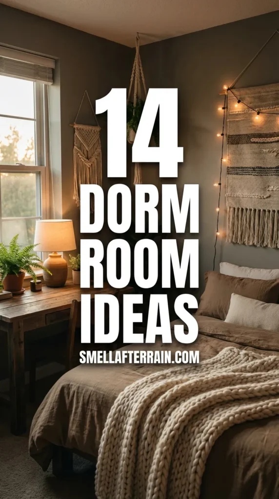 Dorm Room Ideas: A cozy college bedroom featuring warm string lights, layered neutral textures, fluffy bedding, and a space-saving desk layout.
