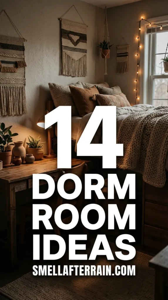Dorm Room Ideas: A cozy aesthetic college bedroom featuring warm string lighting, chunky knit blankets on a twin XL bed, and neutral wall collages.