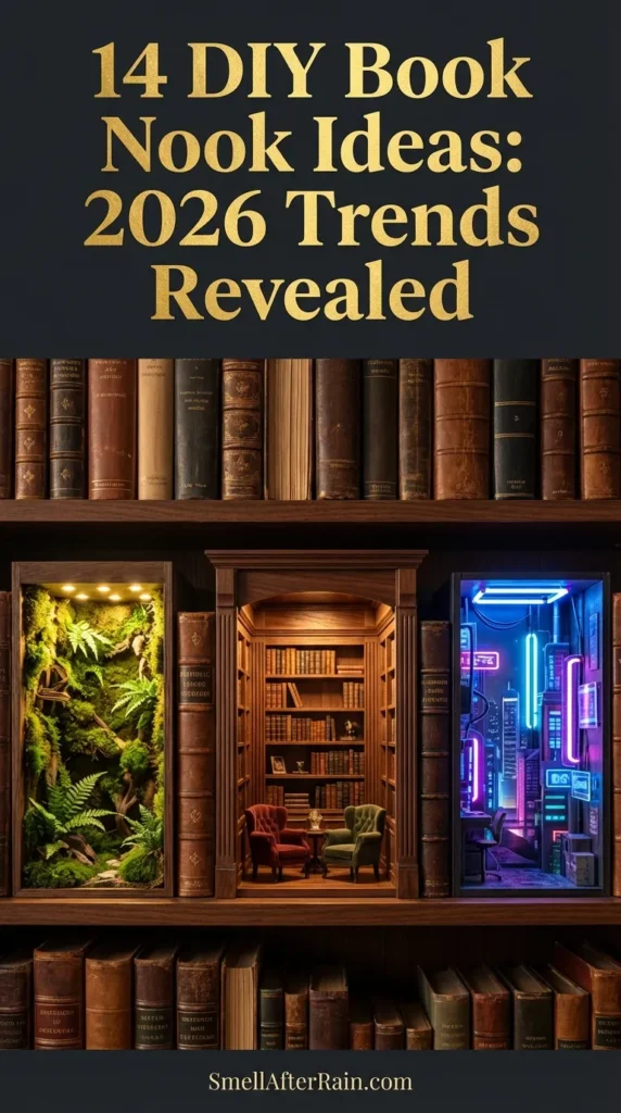 A close-up of a magical wooden shelf insert featuring a miniature library with mossy details and soft lighting, illustrating 14 DIY Book Nook Ideas: 2026 Trends Revealed. The diorama sits between hardcover books, showcasing biophilic design and infinity mirror depth.