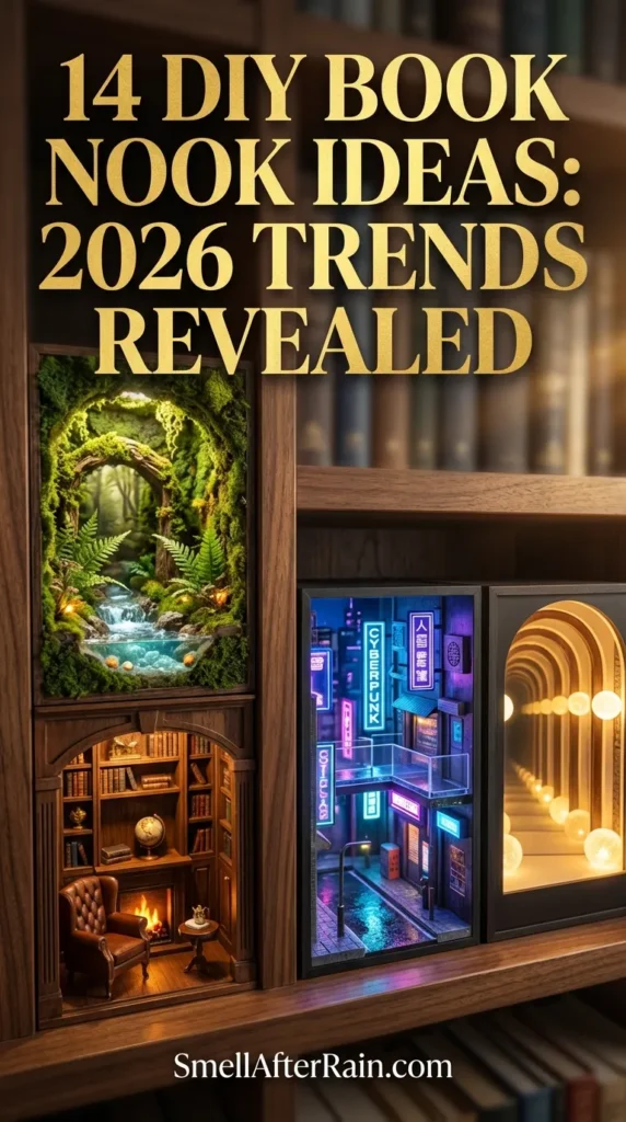 A close-up of a glowing, intricate miniature forest diorama insert sitting between hardcover books on a wooden shelf. The design features mossy textures and warm lighting, showcasing one of the 14 DIY Book Nook Ideas: 2026 Trends Revealed for modern home decor enthusiasts.