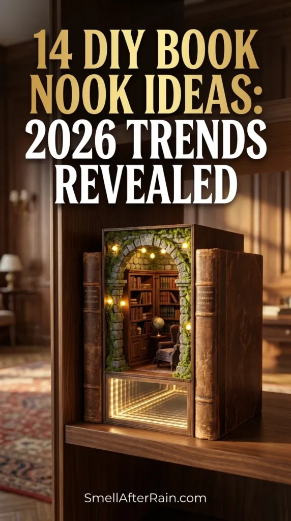 A detailed close-up of a magical miniature alleyway insert sitting on a wooden bookshelf between hardcover novels. The diorama features glowing LED lighting, biophilic plant details, and an infinity mirror effect. This image illustrates the 14 DIY Book Nook Ideas: 2026 Trends Revealed, showcasing styles from Cyberpunk to Japandi Minimalism for home library decor.