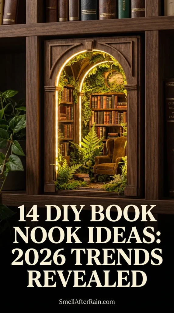 A close-up of a highly detailed miniature bookshelf insert featuring a glowing, magical forest scene nestled between hardcover novels. This image illustrates 14 DIY Book Nook Ideas: 2026 Trends Revealed, showcasing biophilic design elements and advanced lighting techniques for home decor.