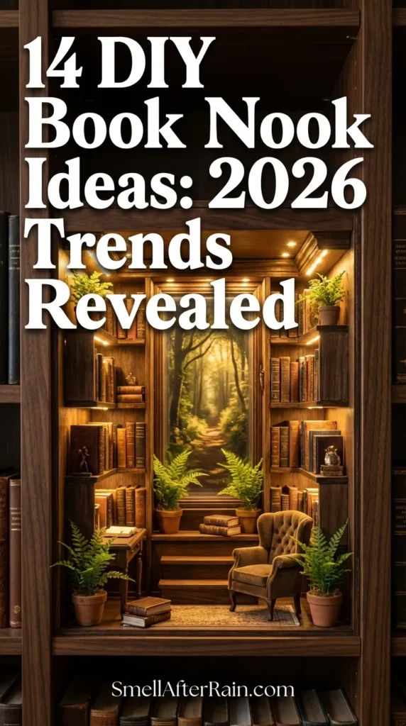 A detailed close-up of a handmade book nook shelf insert featuring a miniature biophilic forest scene with realistic moss and depth-creating mirrors. The insert sits snugly between vintage hardcovers on a wooden shelf. This image represents the advanced craftsmanship found in 14 DIY Book Nook Ideas: 2026 Trends Revealed, specifically highlighting the move toward texture theory and infinity mirror effects for home decor.