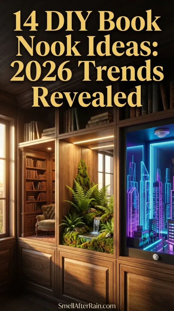 A stunning, illuminated miniature diorama nestled between hardcover books on a wooden shelf, featuring intricate moss details and an infinity mirror effect. This visual represents 14 DIY Book Nook Ideas: 2026 Trends Revealed, showcasing the shift towards Biophilic Realism and high-tech COB LED integration for home library decor.