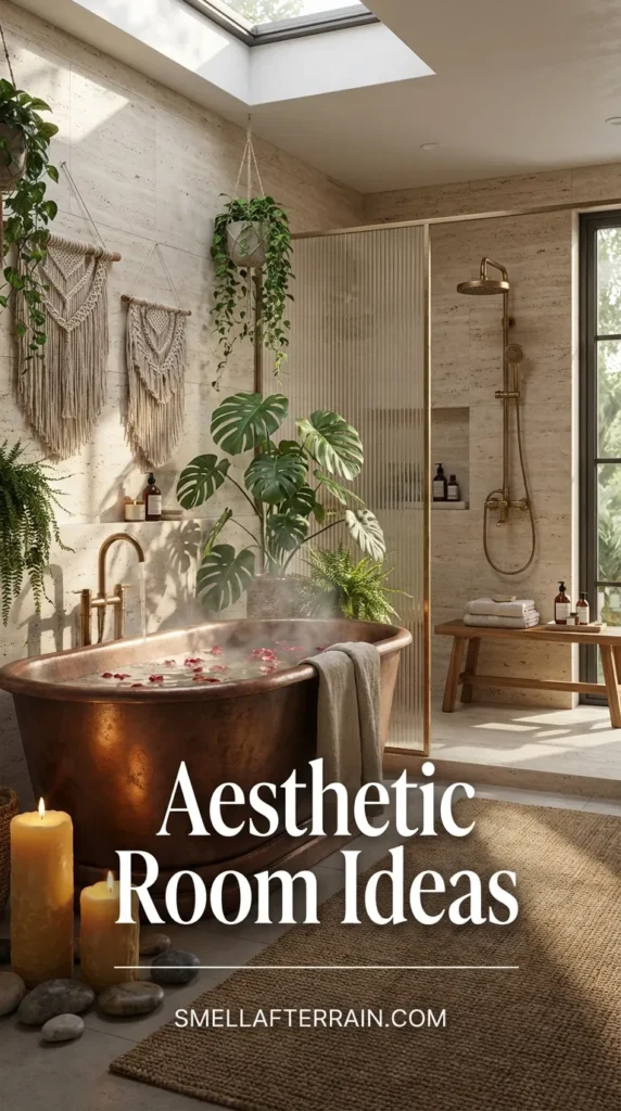Aesthetic Room Ideas: A rustic bathroom sanctuary featuring a textured stone wall, lush hanging greenery, a freestanding soaking tub, warm candlelight, woven rugs, and a glass-enclosed rain shower for a cozy spa vibe.