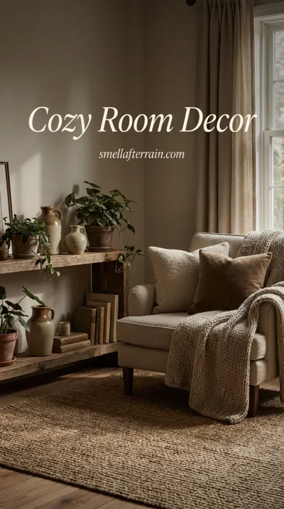 Cozy Room Decor: A warm, dimly lit bedroom featuring soft knit blankets, thrifted vintage lamps, and earthy tones creating a peaceful and aesthetic mood.