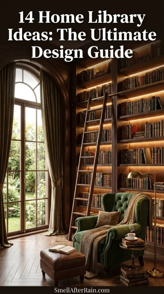 A cozy reading corner featuring floor-to-ceiling wooden bookshelves filled with books and adorned with warm string lights. A comfortable patterned armchair with a matching ottoman sits on a fluffy white rug near a window with blinds. This setup illustrates 14 Home Library Ideas: The Ultimate Design Guide, showcasing moody lighting layers, ergonomic seating, and effective use of vertical space for a small dedicated reading room.