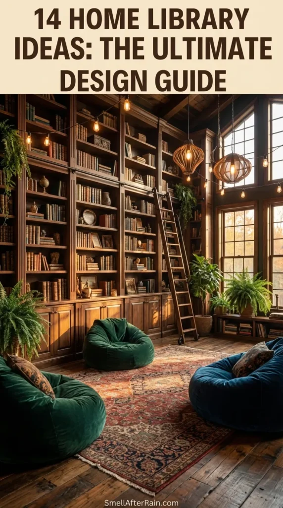 A cozy, moody home library featuring floor-to-ceiling wooden bookshelves packed with books and trailing plants. Warm hanging Edison bulbs and string lights create a soft glow over comfortable dark bean bag chairs and a vintage rug. This setup illustrates 14 Home Library Ideas: The Ultimate Design Guide, showcasing lighting layers and comfortable seating ergonomics.