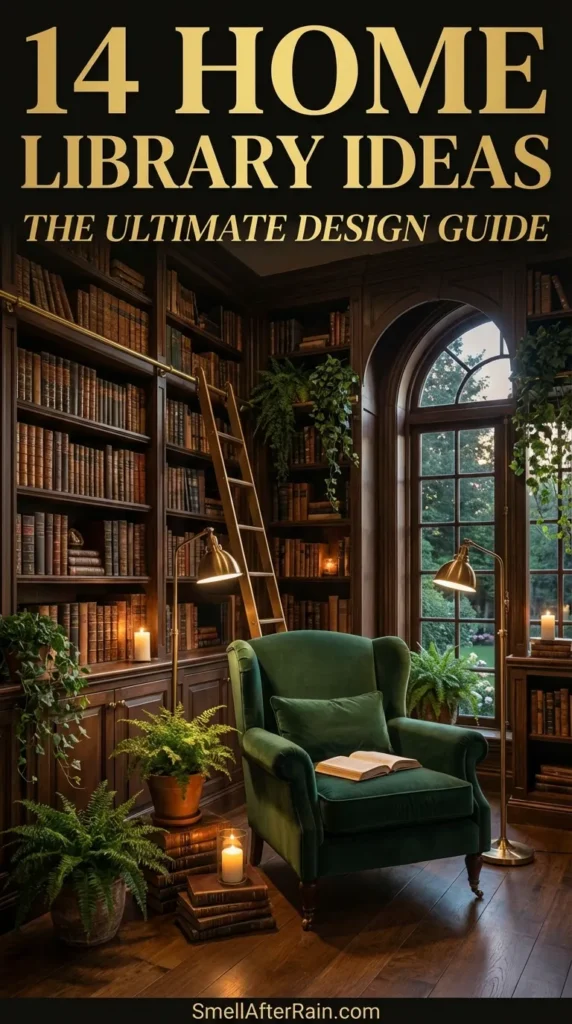 A cozy, warm-toned home library filled with floor-to-ceiling wooden bookshelves, hanging wicker pendant lights, and flickering candles. Stacks of books rest on a rustic wooden table near lush green plants and a comfortable sofa with throw pillows on a stone floor. Ideally suited for 14 Home Library Ideas: The Ultimate Design Guide, illustrating lighting layers, moody aesthetics, and biophilic interior elements.
