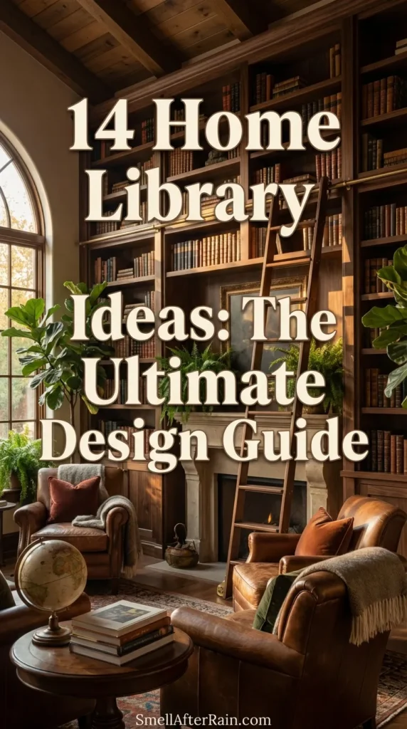 A cozy, rustic wooden bookshelf illuminated by warm fairy lights and draped in green ivy vines. The shelves are packed with books, crystals, and vintage jars, creating a whimsical, fairycore aesthetic. This image represents the biophilic and lighting concepts found in 14 Home Library Ideas: The Ultimate Design Guide for creating the perfect reading sanctuary.
