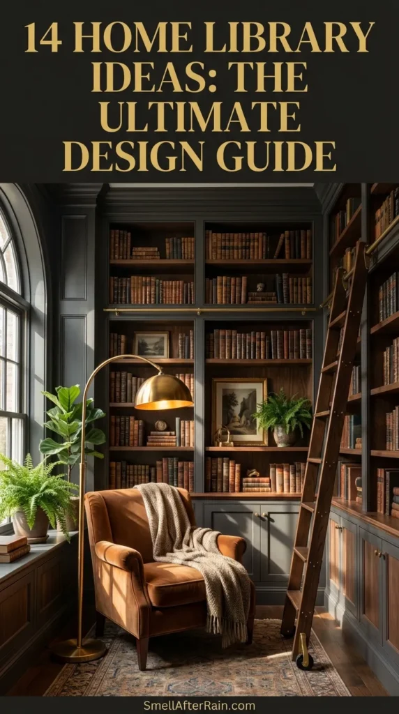 A moody, dark academia style reading corner featuring deep green floor-to-ceiling built-in bookshelves filled with vintage books. An orange velvet armchair sits on a patterned Persian rug next to a wooden side table with a brass task lamp. Framed botanical art prints hang on the dark wood paneling. This interior design inspiration represents 14 Home Library Ideas: The Ultimate Design Guide.