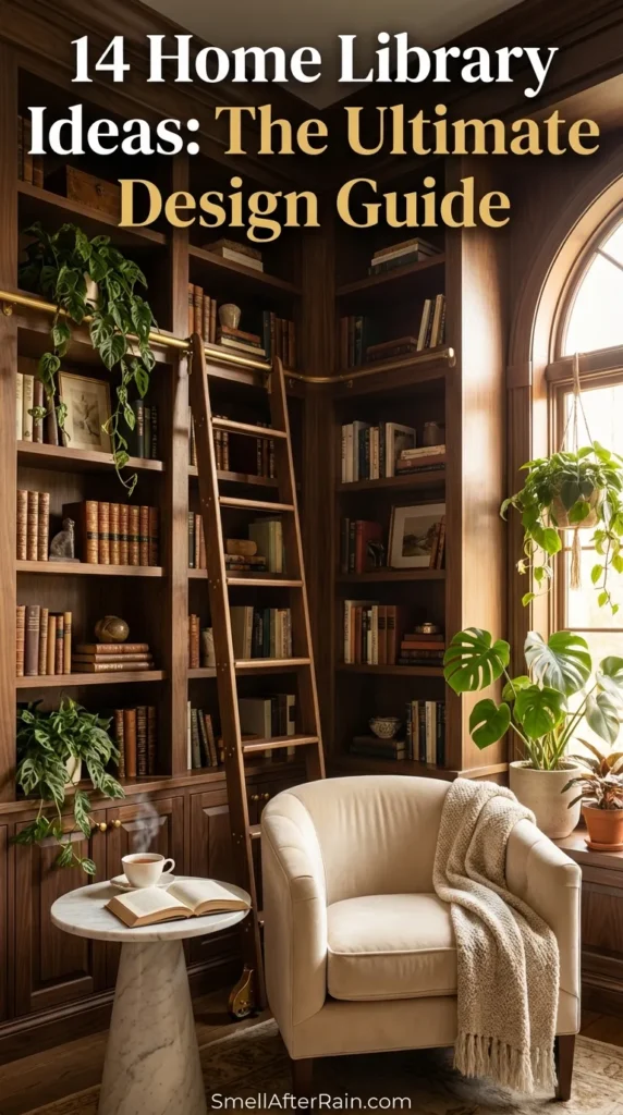 A cozy corner library featuring floor-to-ceiling wooden bookshelves filled with books and a wooden rolling ladder. A beige mid-century modern armchair sits next to a side table with books, surrounded by hanging potted plants and natural light from a window. This setup illustrates 14 Home Library Ideas: The Ultimate Design Guide, showcasing biophilic elements, vertical shelving architecture, and perfect seating ergonomics.