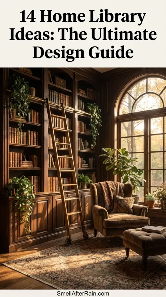 A breathtaking greenhouse library filled with lush hanging plants and floor-to-ceiling wooden bookshelves. Sunlight streams through the glass roof onto cozy wicker armchairs and a vintage rug on a brick floor. This space illustrates concepts from 14 Home Library Ideas: The Ultimate Design Guide, highlighting biophilic elements, natural lighting layers, and cozy seating ergonomics.