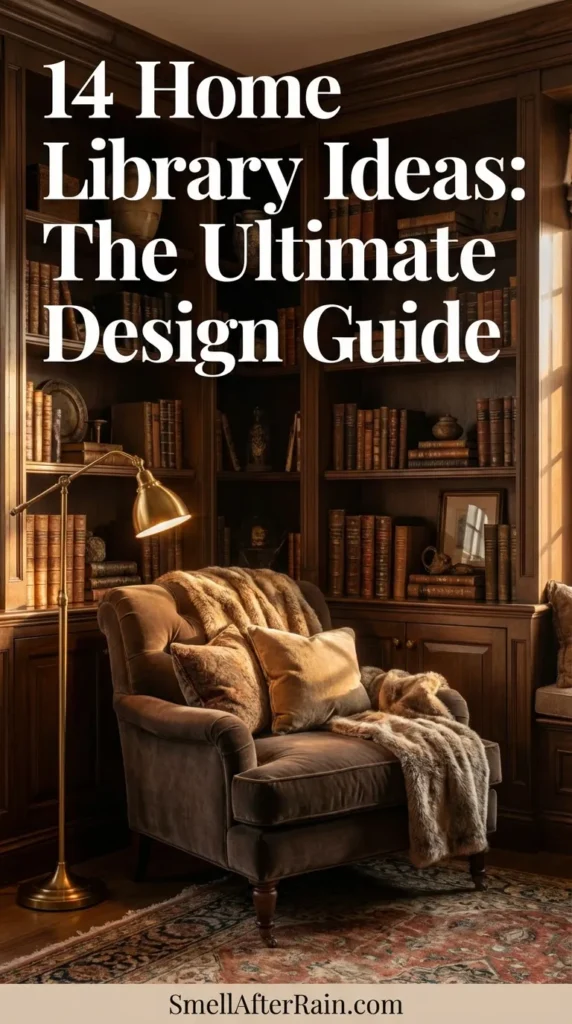 A cozy, atmospheric home library nook featuring dark walls, wooden shelves packed with books, and warm ambient lighting from string lights and a pendant lamp. A comfortable grey chaise lounge with faux fur throws sits on a textured rug, surrounded by indoor plants. This setup illustrates key concepts from 14 Home Library Ideas: The Ultimate Design Guide, highlighting moody aesthetics and comfortable seating.