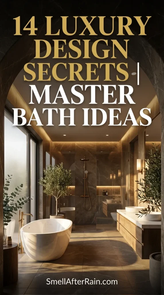 A bright and airy luxury bathroom featuring a sculptural freestanding tub, radiant heated marble floors, and a sleek floating vanity. The space illustrates 14 Luxury Design Secrets | Master Bath Ideas, including a glass-enclosed wet room, biophilic greenery, and warm layered lighting.